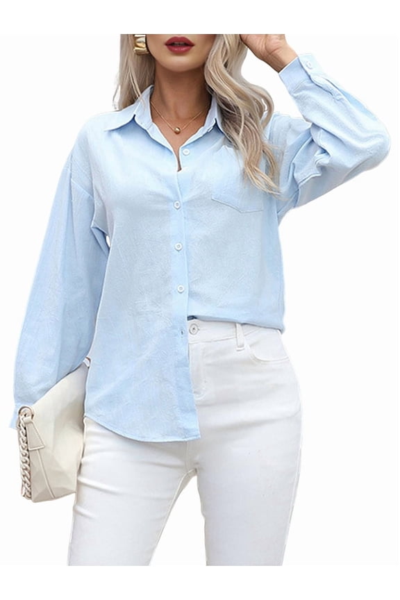 Button Down Shirts for Women Cotton Dress Shirts Collared Long Sleeve Wrinkle Free Blouse Tops Light Blue S