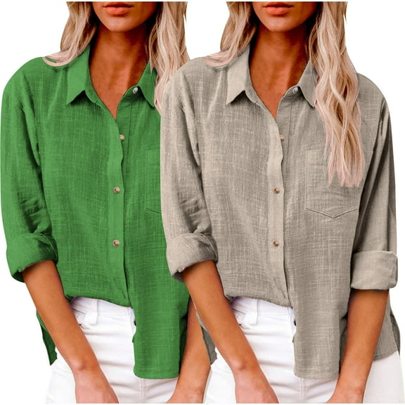 Button Down Shirts for Women Cotton Linen 2PC Tops Long Sleeve Solid Casual Tunic With Pocket
