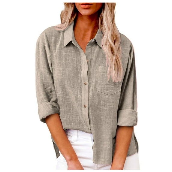 Button Down Shirts for Women Cotton Linen Long Sleeve Collared Blouses Side Slit Dressy Casual Business Work Tops with Pockets