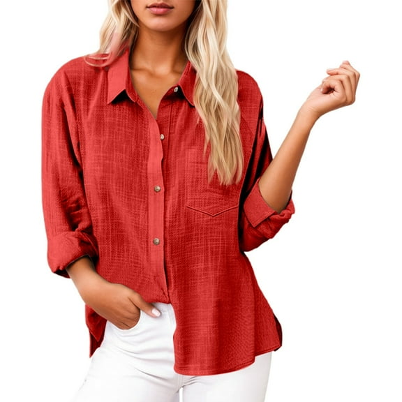Button Down Shirts for Women Cotton Linen Long Sleeve Collared Blouses Side Slit Dressy Casual Business Work Tops with Pockets