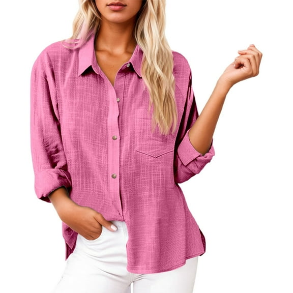 Button Down Shirts for Women Cotton Linen Long Sleeve Collared Blouses Side Slit Dressy Casual Business Work Tops with Pockets