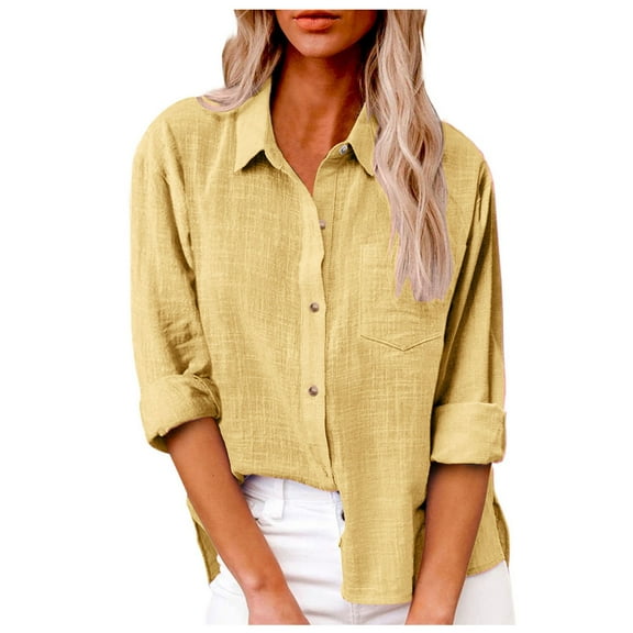 Button Down Shirts for Women Cotton Linen Long Sleeve Collared Blouses Side Slit Dressy Casual Business Work Tops with Pockets