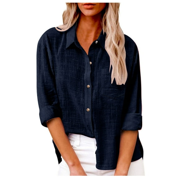 Button Down Shirts for Women Cotton Linen Long Sleeve Collared Blouses Side Slit Dressy Casual Business Work Tops with Pockets