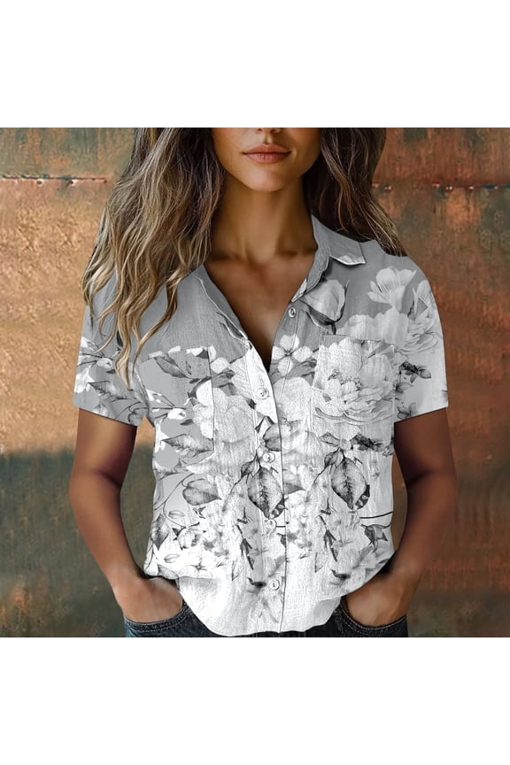 Button Down Shirts for Women, Cotton Printed Fashion Down Tops Short Sleeve Blouse, Grey S-XXL