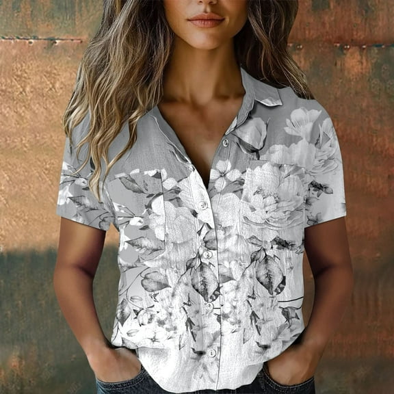 Button Down Shirts for Women, Cotton Printed Fashion Down Tops Short Sleeve Blouse, Grey S-XXL