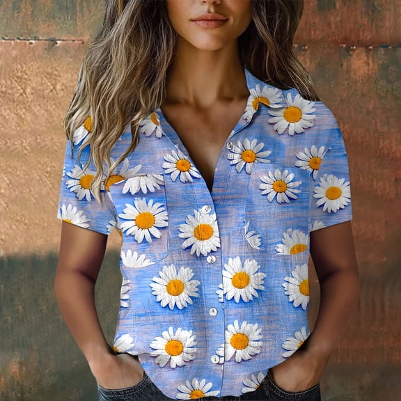 Button Down Shirts for Women, Cotton Printed Fashion Down Tops Short Sleeve Blouse, Sky Blue S-XXL