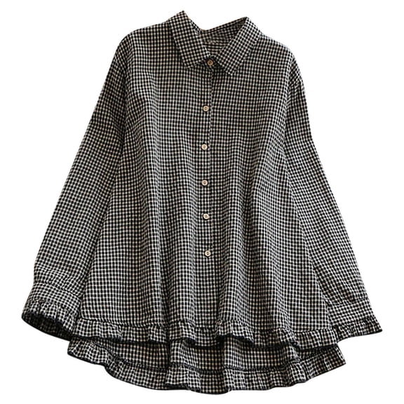 Button Down Shirts for Women Cute Tops Casual Long Sleeve Cotton and Linen Checkered Shirt A Lapel Top
