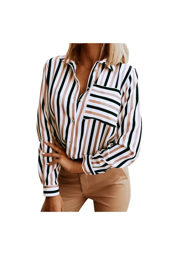 Button Down Shirts for Women Dressy Blouses Fashion Striped Printed Long Sleeve Blouse Business Casual Lapel Work Shirts Tops Khaki XXL