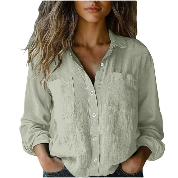 Button Down Shirts for Women Dressy Casual Cotton Linen Shirt Long Sleeve Tops Solid Office Business Work Blouses, Gray, XXL
