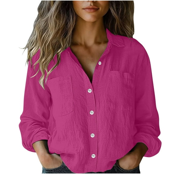 Button Down Shirts for Women Dressy Casual Cotton Linen Shirt Long Sleeve Tops Solid Office Business Work Blouses, Hot Pink, L