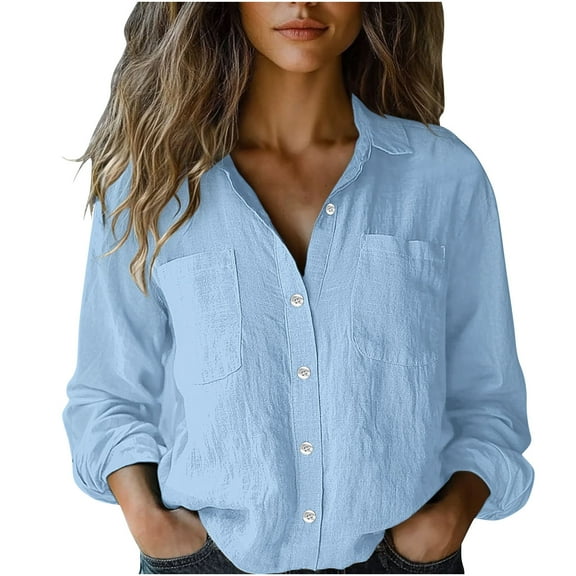 Button Down Shirts for Women Dressy Casual Cotton Linen Shirt Long Sleeve Tops Solid Office Business Work Blouses, Sky Blue, XXL