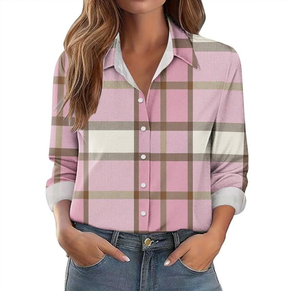 Button Down Shirts for Women Dressy Casual Long Sleeve Lapel Collared Blouses Tops Loose Plaid Shirts