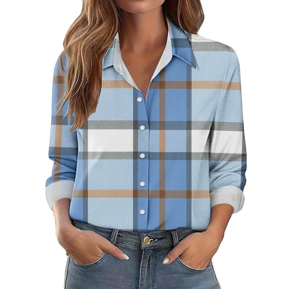 Button Down Shirts for Women Dressy Casual Long Sleeve Lapel Collared Blouses Tops Loose Plaid Shirts