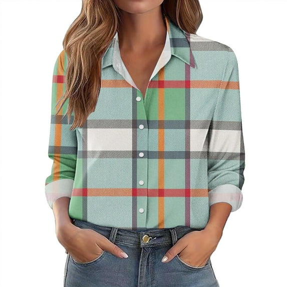 Button Down Shirts for Women Dressy Casual Long Sleeve Lapel Collared Blouses Tops Loose Plaid Shirts