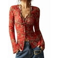 thumbnail image 1 of Button Down Shirts for Women Fall Fashion 2025 V Neck Long Sleeve Blouse Ruched Mesh Fitted Floral Print Boho Tops Red S, 1 of 8
