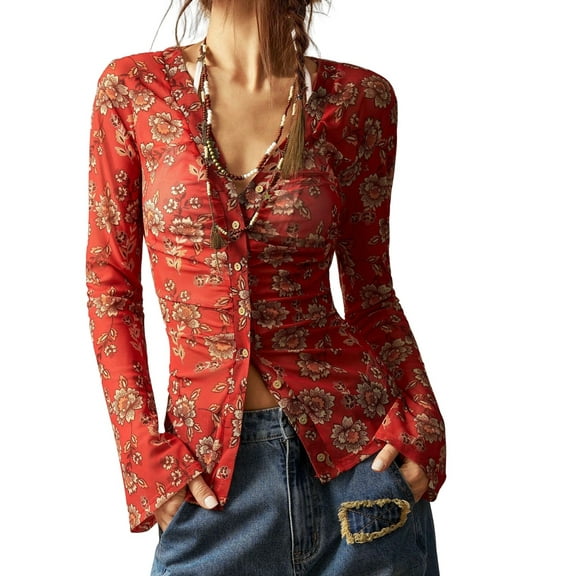 Button Down Shirts for Women Fall Fashion 2025 V Neck Long Sleeve Blouse Ruched Mesh Fitted Floral Print Boho Tops Red S