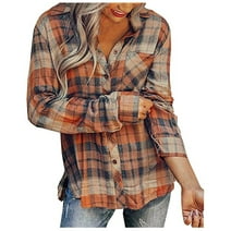 Button Down Shirts for Women Fall Fashion Colorful Plaid Print Long Sleeve Blouses Lapel Winter Coats Top with Pockets