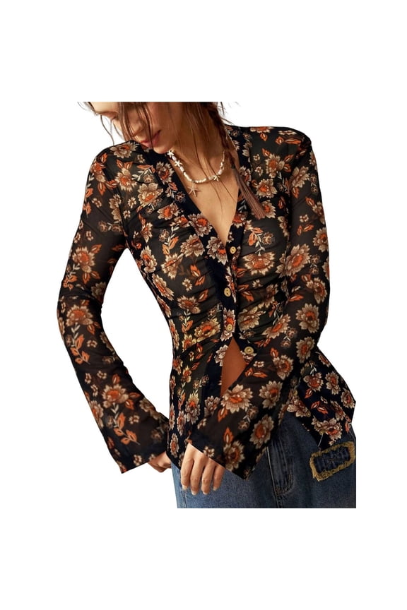 Button Down Shirts for Women Fall V Neck Long Sleeve Ruched Mesh Fitted Floral Print Boho Tops Black XL