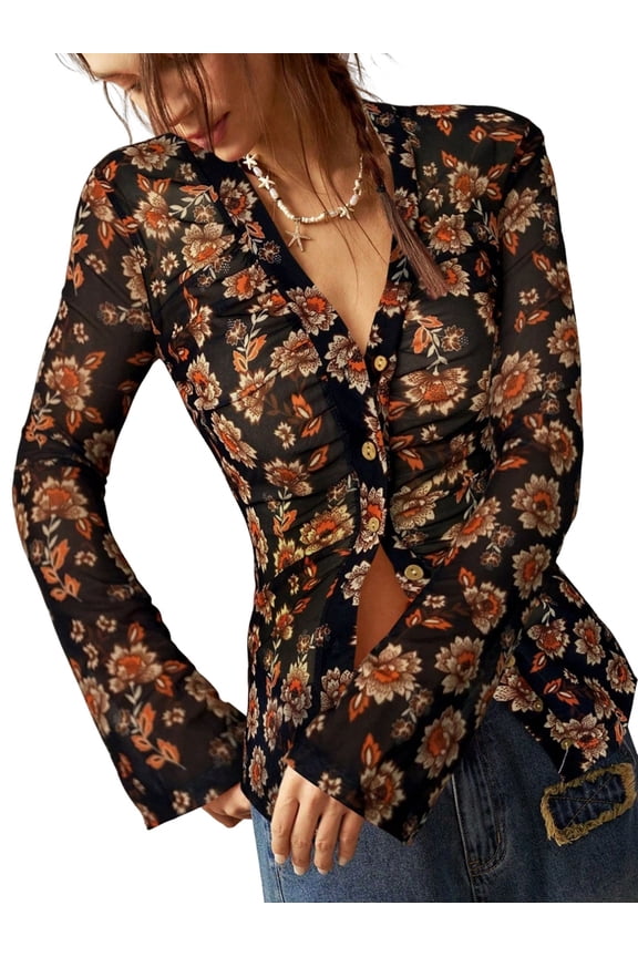 Button Down Shirts for Women Fall V Neck Long Sleeve Ruched Mesh Fitted Floral Print Boho Tops Black XL