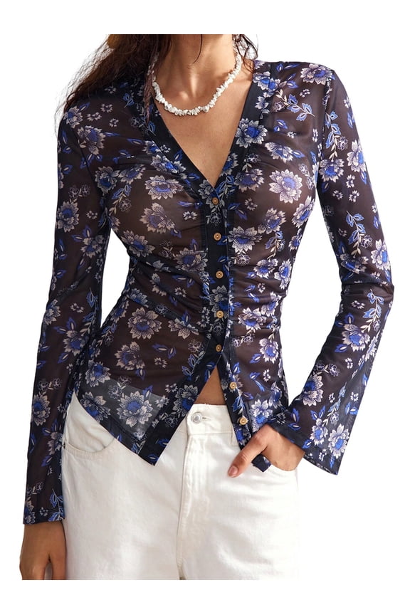 Button Down Shirts for Women Fall V Neck Long Sleeve Ruched Mesh Fitted Floral Print Boho Tops Blue XXL