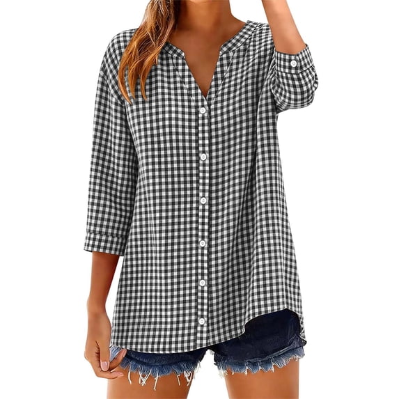 Button Down Shirts for Women Fashion Casual Printed 3/4 Sleeve Button Down Shirt Summer Tops
