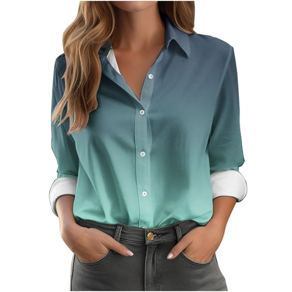 Button Down Shirts for Women Fashion Gradient Color Printed Shirt Dressy Casual Long Sleeve Blouses Plus Size Loose Tops Trendy Business Work Shirts