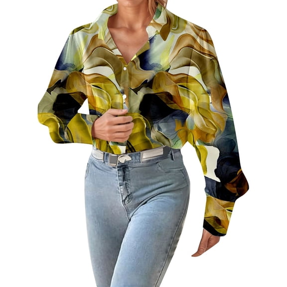 Button Down Shirts for Women Floral Printed Dressy Lantern Long Sleeve Blouses Collared Fall Fashion Business Work Tops Z002-Gold L