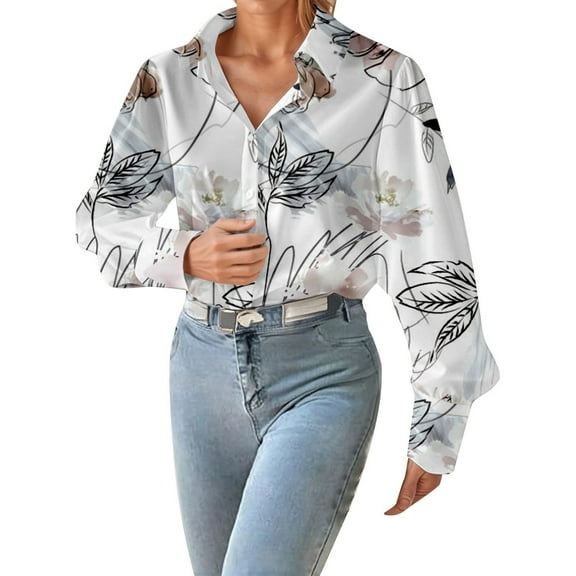 Button Down Shirts for Women Floral Printed Dressy Lantern Long Sleeve Blouses Collared Fall Fashion Business Work Tops Z002-Light Gray S