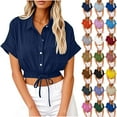 thumbnail image 1 of Button Down Shirts for Women Horkkom Short Sleeve Solid Color Linen Shirts Summer Casual Crop Tops with Pocket, Gifts for Women XL, 1 of 7