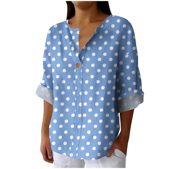 Button Down Shirts for Women Imitation Cotton and Linen Casual Long Sleeved Polka Dot T Shirts