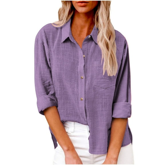Button Down Shirts for Women Lapel Collared Long Sleeve Shirts Summer Fall Casual Tops with Pockets