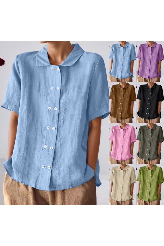 Button Down Shirts for Women Linen Blouse for Double Breasted Open Front Lapel Shirt Short Sleeve Top Plus Size Summer Beach