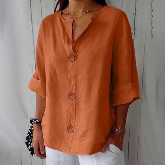 Button Down Shirts for Women, Linen Summer Cotton V Neck 3/4 Sleeve Tops Loose Beach Blouses Tunic, Orange S-5XL