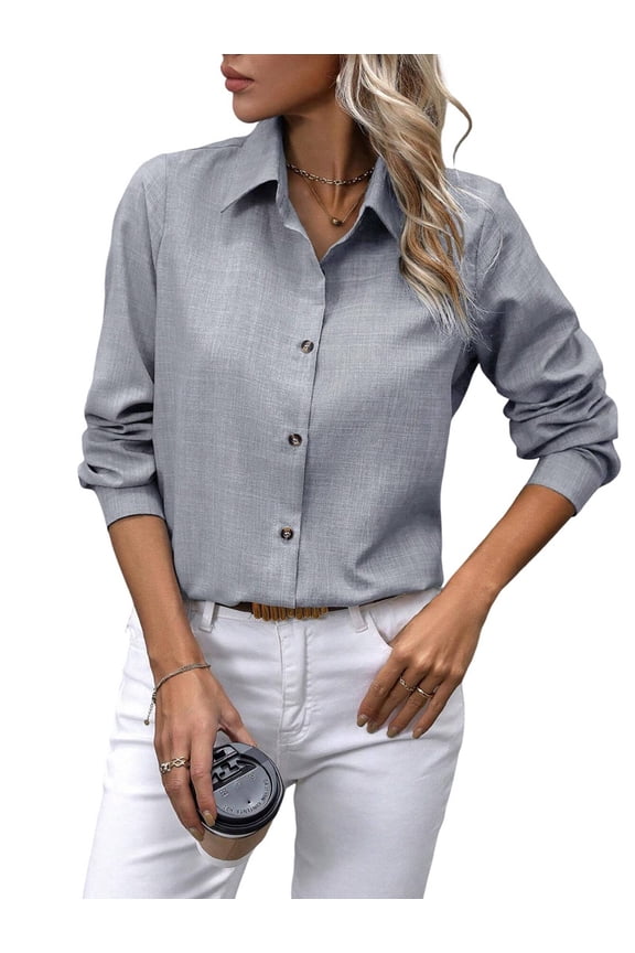 Button Down Shirts for Women Long Sleeve Blouse Shirts Casual Solid Office Work Tunic Top Light Gray L