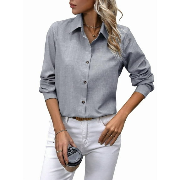 Button Down Shirts for Women Long Sleeve Blouse Shirts Casual Solid Office Work Tunic Top Light Gray M