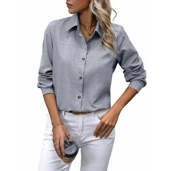 Button Down Shirts for Women Long Sleeve Blouse Shirts Casual Solid Office Work Tunic Top Light Gray XXL