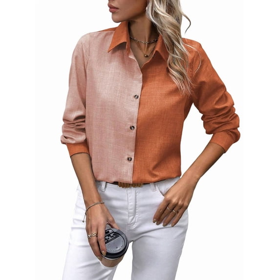 Button Down Shirts for Women Long Sleeve Blouse Shirts Casual Solid Office Work Tunic Top Orange M