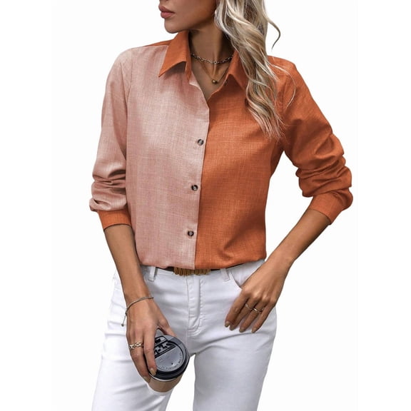 Button Down Shirts for Women Long Sleeve Blouse Shirts Casual Solid Office Work Tunic Top Orange S