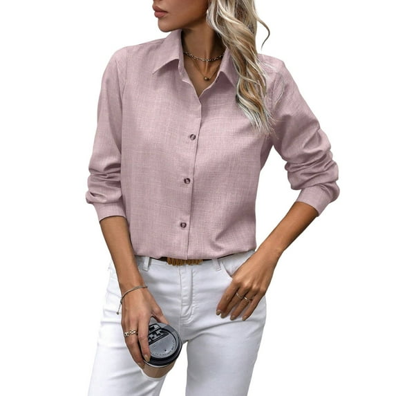 Button Down Shirts for Women Long Sleeve Blouse Shirts Casual Solid Office Work Tunic Top Pink XXL