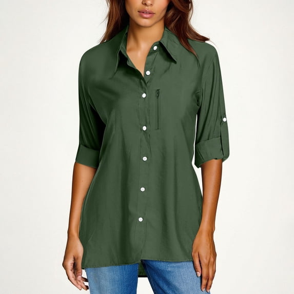 Button Down Shirts for Women Long Sleeve Wrinkle Free Dress Shirts Casual Collared Blouses Business Work Tops Army Green L