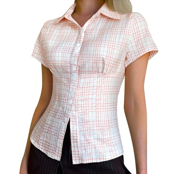 Button Down Shirts for Women Plaid Print Short Sleeve Lapel Collar Tops Summer Novelty Casual Regular Fit Clothes