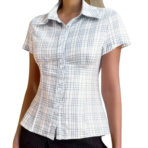 Button Down Shirts for Women Plaid Print Short Sleeve Lapel Collar Tops Summer Novelty Casual Regular Fit Clothes