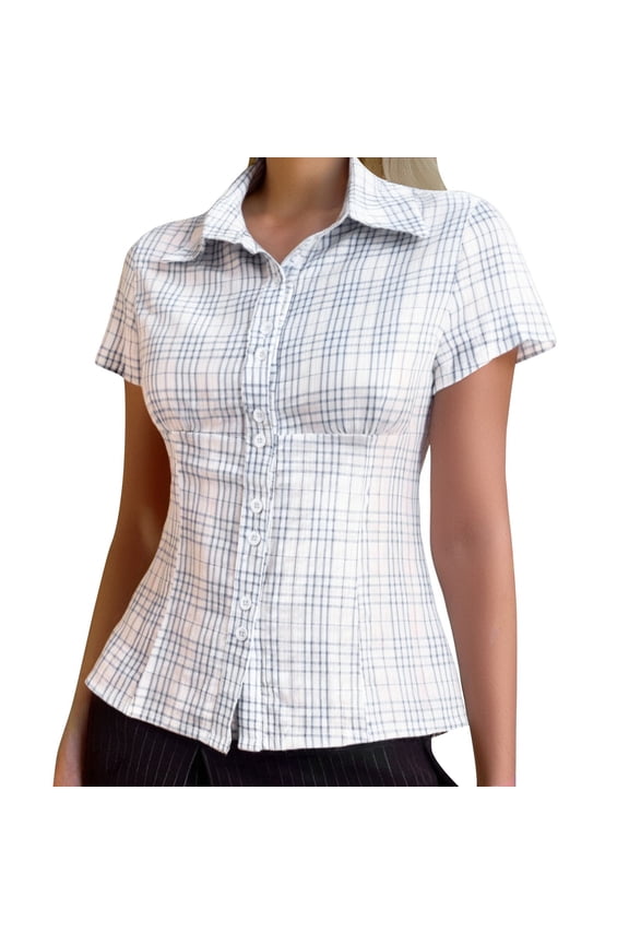 Button Down Shirts for Women Plaid Print Short Sleeve Lapel Collar Tops Summer Novelty Casual Regular Fit Clothes