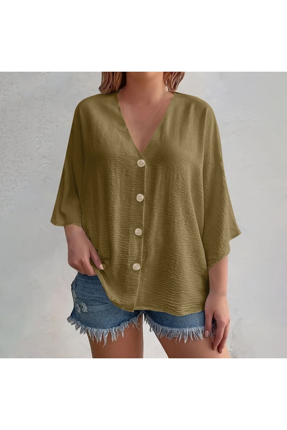 Button-Down Shirts for Women Plus Size L-4X Lightweight 3/4 Sleeve Blouses Tops Womens Casual Solid Color Loose V Neck Beach Cover Ups Tees Top