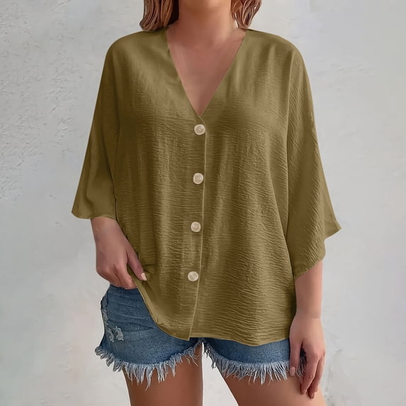 Button-Down Shirts for Women Plus Size L-4X Lightweight 3/4 Sleeve Blouses Tops Womens Casual Solid Color Loose V Neck Beach Cover Ups Tees Top
