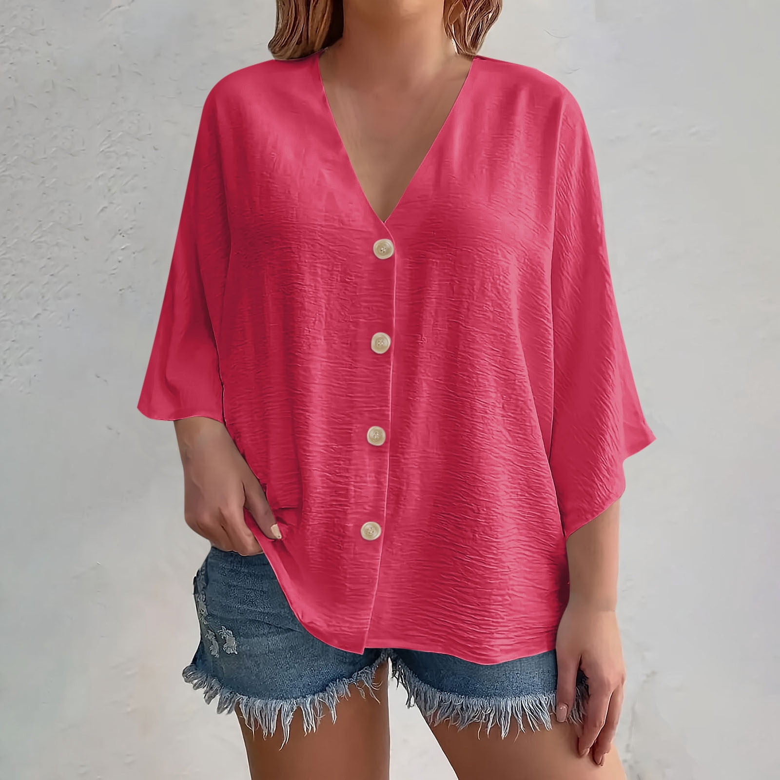 Button-Down Shirts for Women Plus Size L-4X Lightweight 3/4 Sleeve Blouses Tops Womens Casual Solid Color Loose V Neck Beach Cover Ups Tees Top