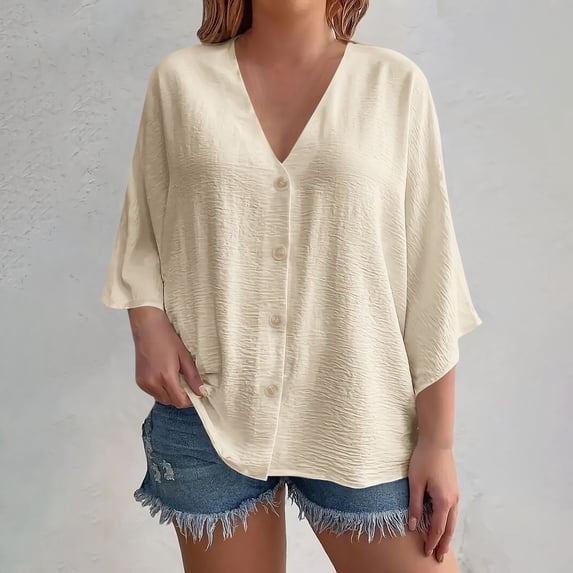 Button-Down Shirts for Women Plus Size L-4X Lightweight 3/4 Sleeve Blouses Tops Womens Casual Solid Color Loose V Neck Beach Cover Ups Tees Top