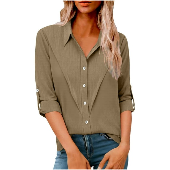 Button Down Shirts for Women Plus Size Linen Long Sleeve Shirts with Lapel Solid Color Casual Loose Beach Tee Tops Summer Fall Clothes