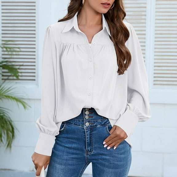 Button Down Shirts for Women Puff Long Sleeve Blouses Pleated Solid Color Tops Cotton Loose Casual Basic Tee (White XL)