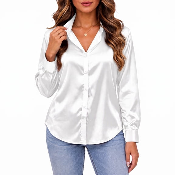 Button Down Shirts for Women Satin Long Sleeve Lapel Blouses Business Work Dressy Casual Collared Tops Curved Hem Silky Blouse